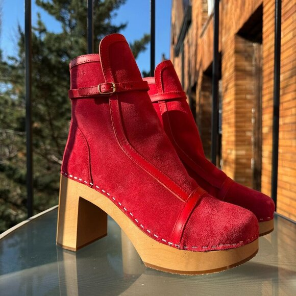 New Swedish Hasbeens Sophisticated Jodhpur Sophia Heeled Clog Boot Red Women 10 - Picture 3 of 12